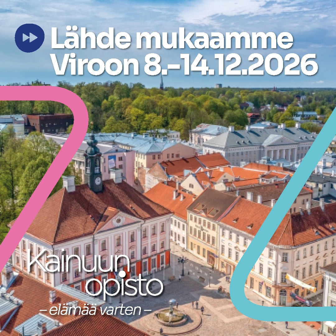 Aerial view of a historic town with red tiled roofs and green trees overlaid with bold Finnish text inviting to a trip to Estonia  Dec  decorative pink and teal shapes frame the scene  Kainuun Opisto